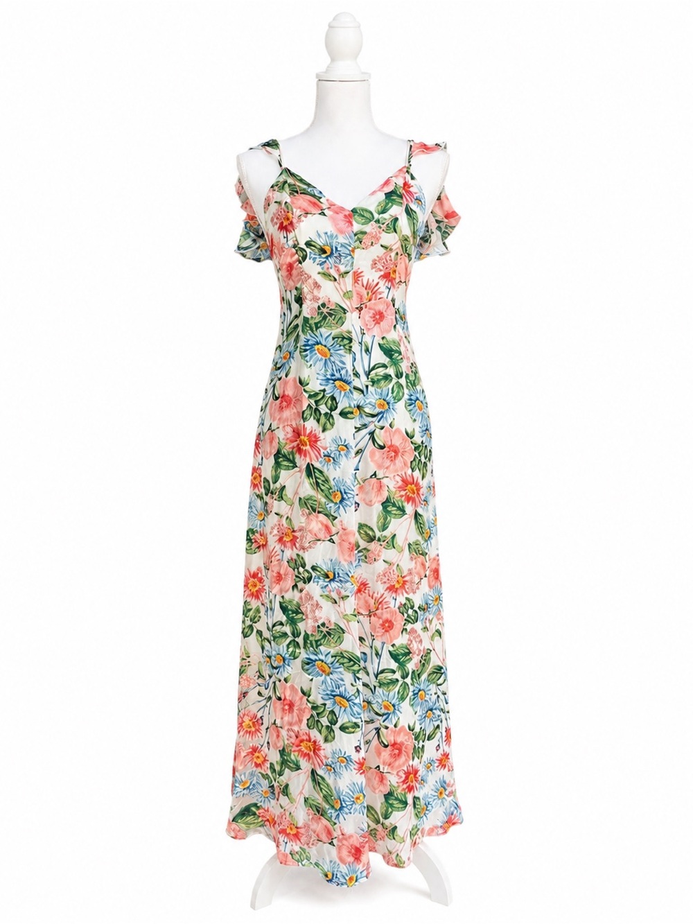 NWT Alice + Olivia Coral & Blue Floral Cold-Shoulder Maxi Dress